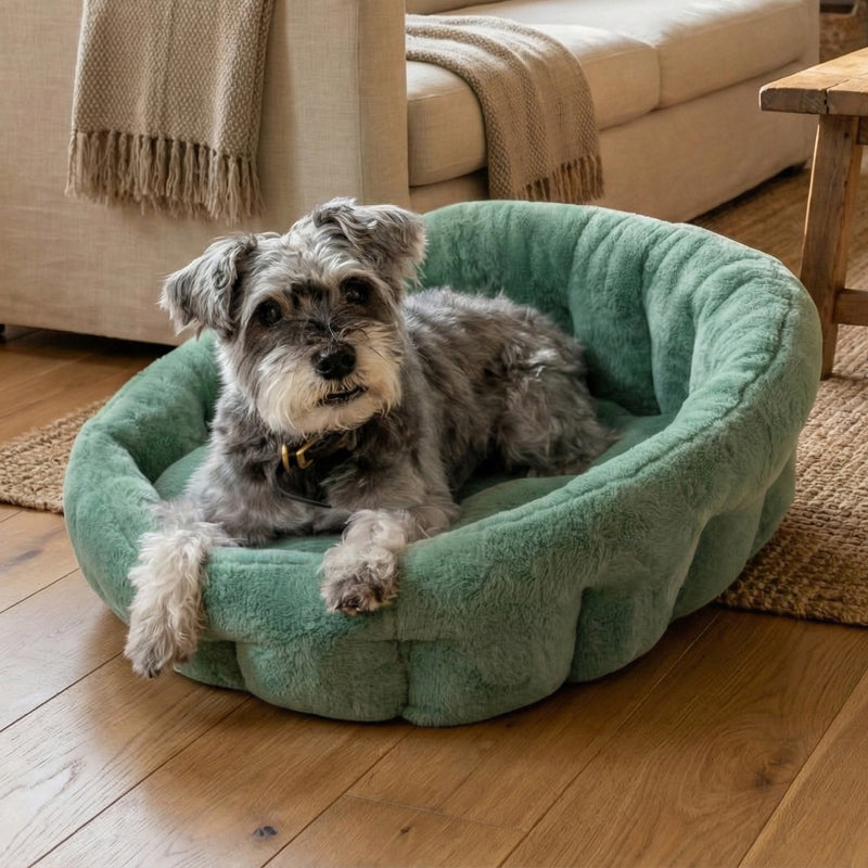Green calming lounger dog bed by KindTail, plush and cozy for small to medium-sized dogs, with a soft cushioned surface.