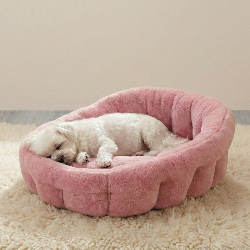 Pink calming lounger dog bed by KindTail, medium size with plush fabric, designed for comfort and relaxation for dogs.