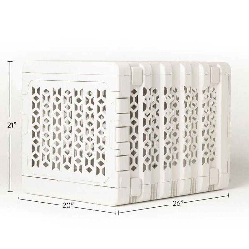 Modern white plastic dog crate by KindTail, collapsible pet crate with 21-inch height, 20-inch width, and 25-inch length.