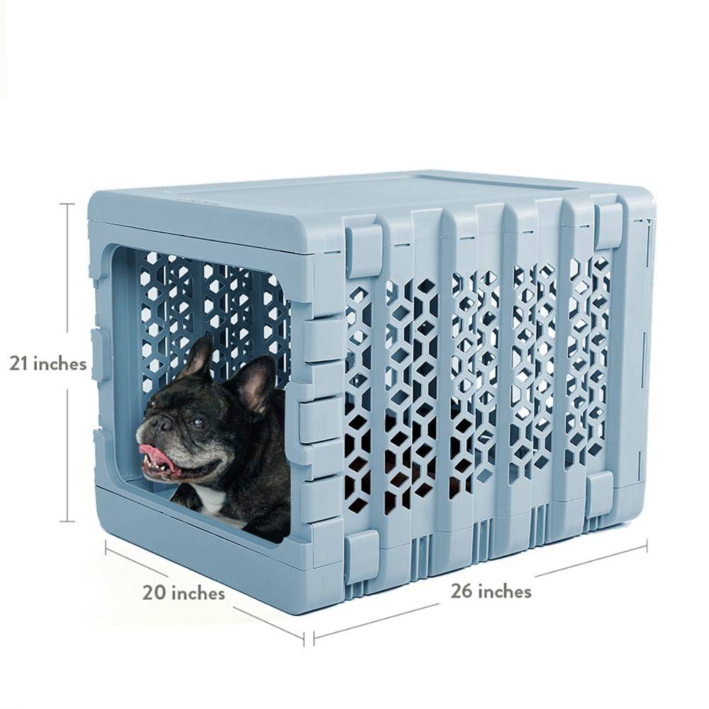 Sky blue medium modern dog crate by KindTail, featuring a sleek metal design suitable for pet containment and comfort.