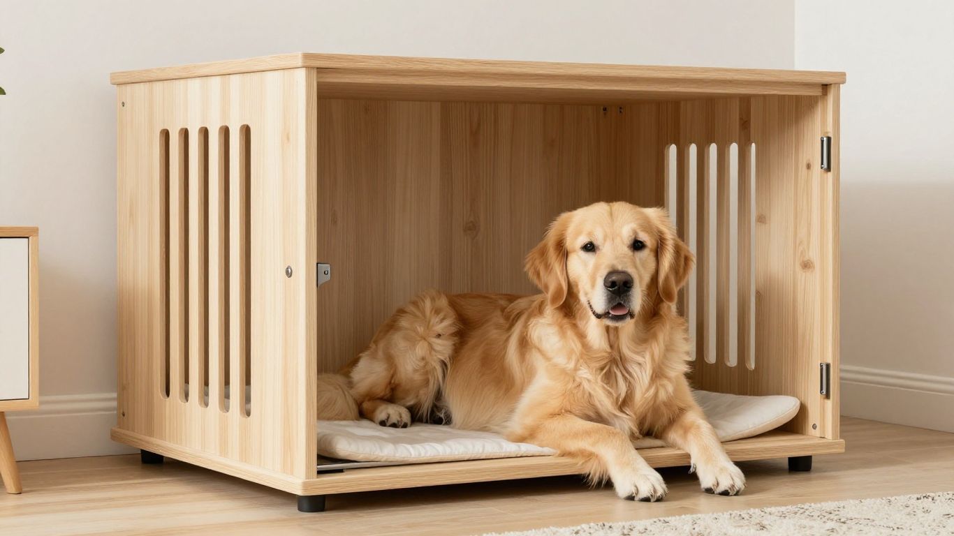 Stylish dog crate with a golden retriever inside.