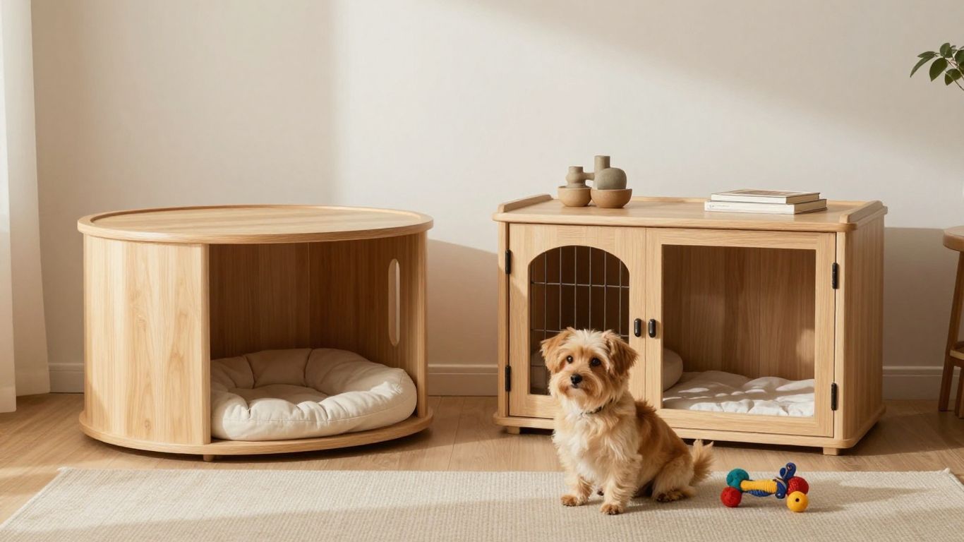 Two stylish dog crates beside a curious dog in a cozy living room.
