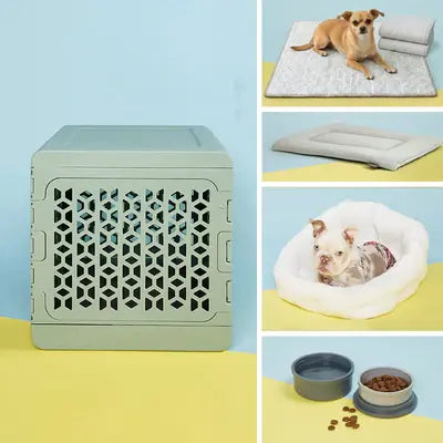 KindTail Puppy Bundle PAWD pet crate with cozy bedding and toys, perfect for small puppies in a comfortable, secure space.