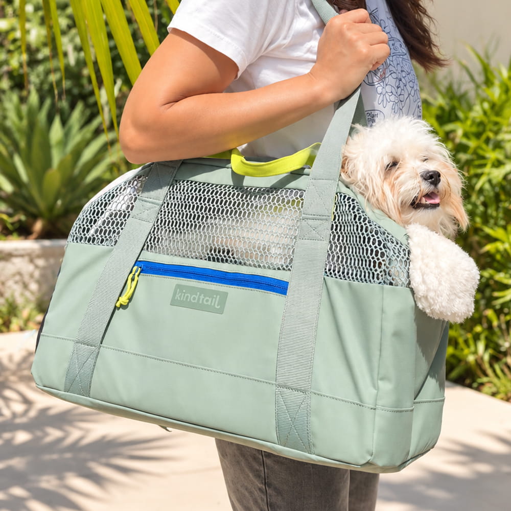 Grey KindTail PAWD pet carrier bag for dogs, featuring a compact design with breathable mesh and adjustable straps.