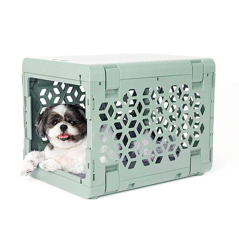 KindTail PAWD® | Modern Collapsible Plastic Dog & Pet Crate in small green with one black and white dog inside