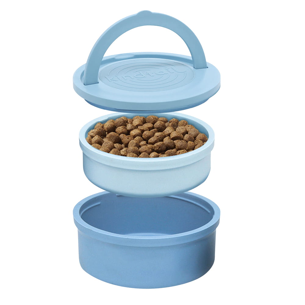 Blue portable travel dog bowl from KindTail, collapsible pet feeder and water bowl for on-the-go pet hydration and feeding.