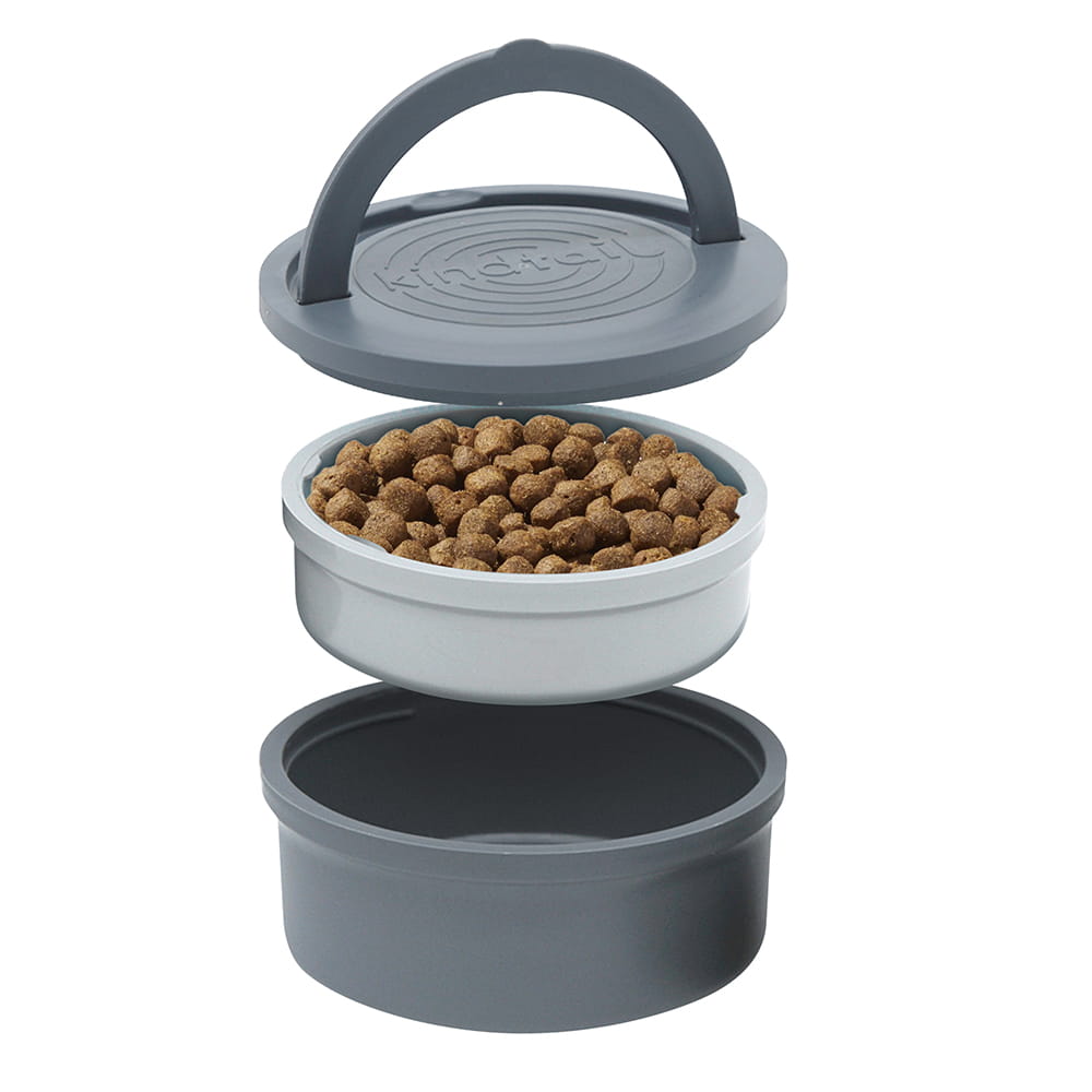 Gray portable travel dog bowl by KindTail, collapsible pet feeder and waterer for dogs on the go.