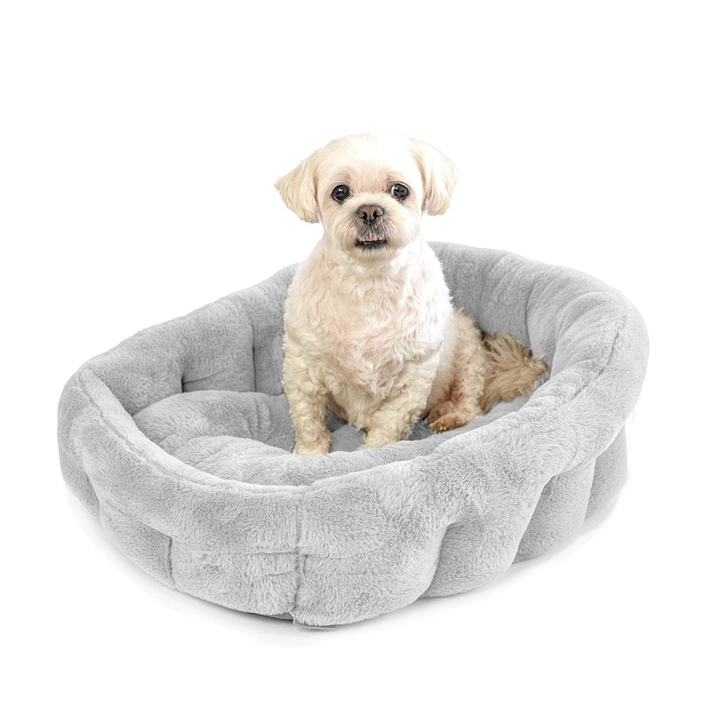 KindTail Lounger Light Grey dog bed with white dog 
