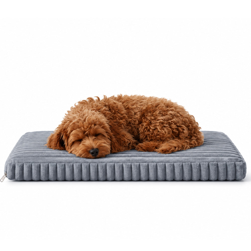 Dark grey orthopedic crate pad and dog bed by KindTail, providing comfortable support for dogs in crates or resting areas.