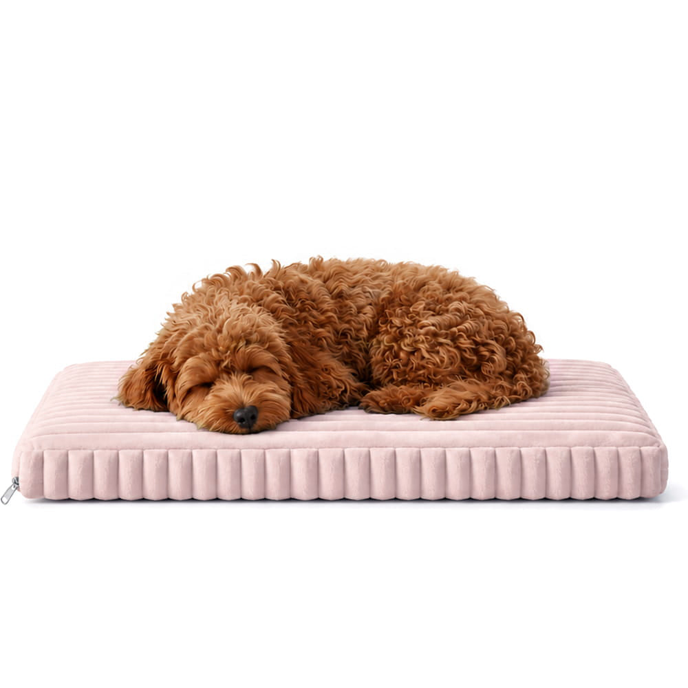 Pink orthopedic crate pad and dog bed by KindTail, soft and supportive for comfortable canine rest and sleep.